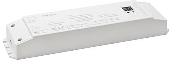 Rechteckiges LED-Stromversorgungsgerät mit Beschriftungen und technischen Spezifikationen, die auf der Oberseite aufgedruckt sind. Enthält Spannungs- und Zertifizierungsdetails.