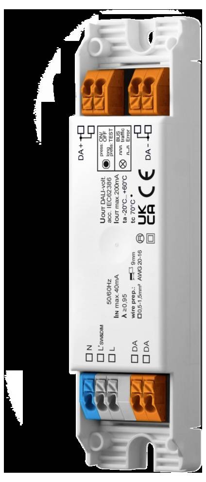 Ein auf DIN-Schiene montiertes Gerät mit elektrischen Anschlüssen und Spezifikationen einschließlich CE-Kennzeichnung, Modellnummer, Spannungs-, Stromstärkebewertungen und Temperaturbereich.