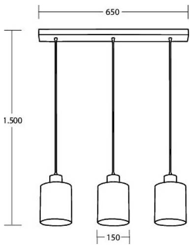 Diagramm einer dreiflammigen Pendelleuchte mit einer 650 mm breiten oberen Schiene, einer Abhanglänge von 1.500 mm und einem Abstand von 150 mm zwischen den Leuchten.