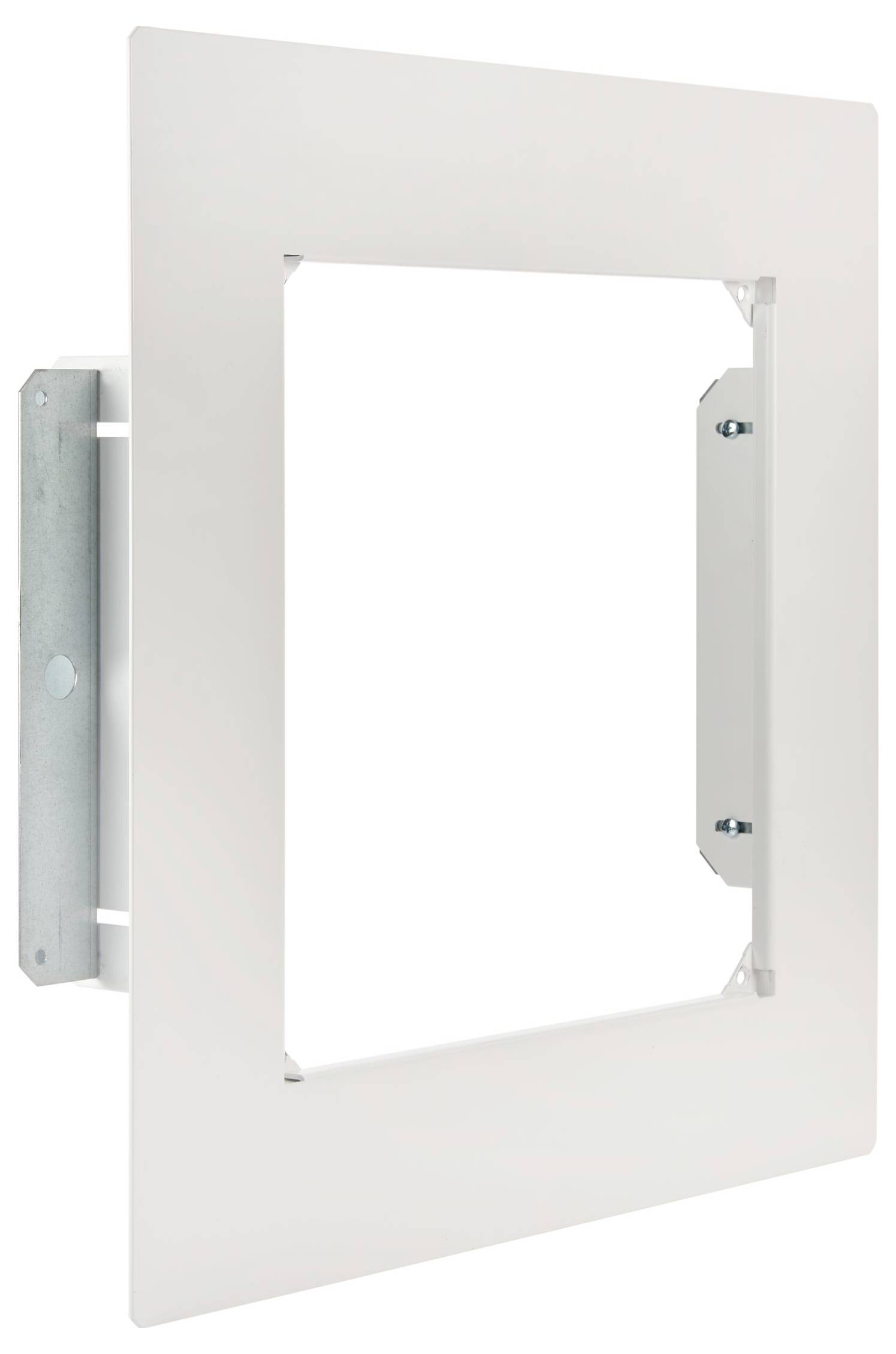 Weiße Metallrahmen-Tür mit Seitenscharnieren, offen gezeigt, vor einem einfachen Hintergrund.