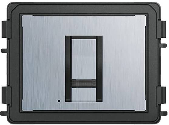 Ein metallischer rechteckiger Schalter mit einem zentrierten vertikalen Hebel, in einem schwarzen Rahmen montiert, möglicherweise zur Steuerung von Lichtern oder Geräten.