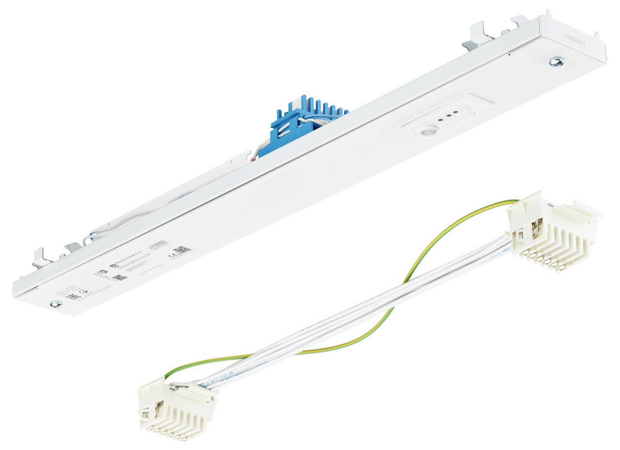 Deckenleuchte mit freiliegen Verdrahtung, mit weißem rechteckigem Gehäuse und Anschlüssen an beiden Enden zur Installation.