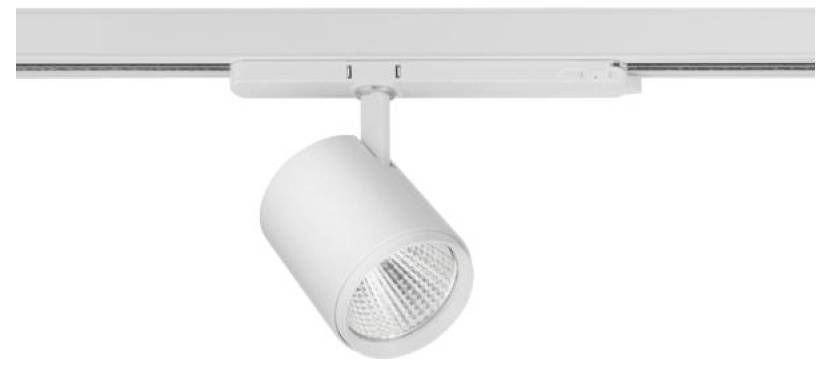 Weißer auf Schienen montierten LED-Strahler nach unten auf einer Deckenleiste ausgerichtet.
