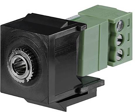 Ein schwarzer und grüner Stecker mit Metallinnenzähnen, der eine elektrische Schnittstelle zeigt, wahrscheinlich zum sicheren mechanischen und elektrischen Anschluss verwendet.