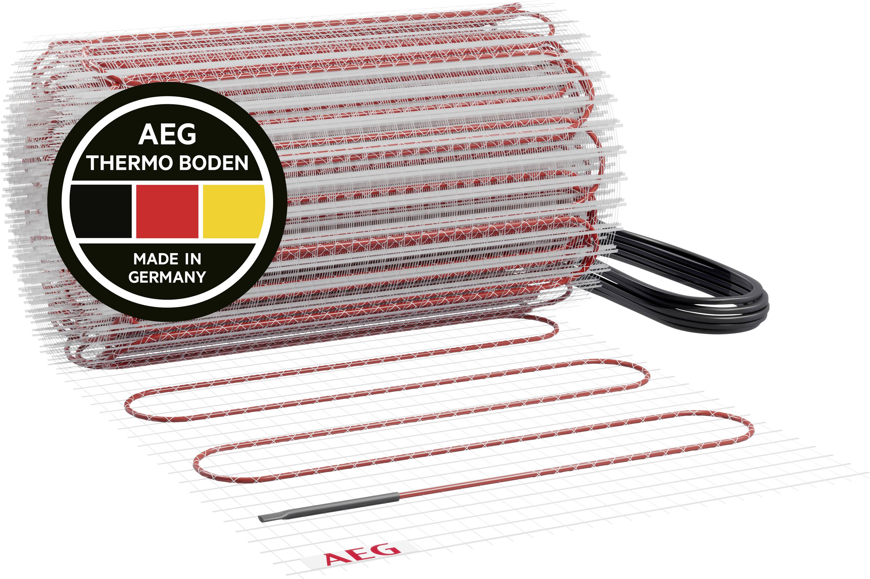 AEG Thermo Boden elektrische Fußbodenheizmatte aufgerollt, mit rotem Heizkabel und Stromleitung auf weißem Hintergrund.