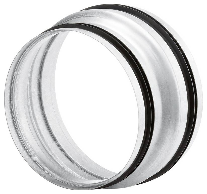 Ein glänzender, silberner Metallring mit zwei schwarzen Gummiabdichtungen auf den inneren und äußeren Oberflächen, verwendet als Industriekomponente.