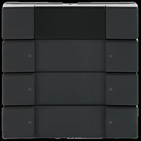 Ein schwarzer modularer Schrank mit fünf Abschnitten, jeder mit einem kleinen quadratischen Griff auf der rechten Seite, konzipiert für moderne Lagerlösungen.