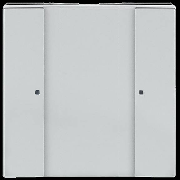 Ein schlichtes, hellgraues, metallisches Bedienfeld mit zwei kleinen schwarzen quadratischen Tasten, die symmetrisch in der Nähe der Kanten angebracht sind.