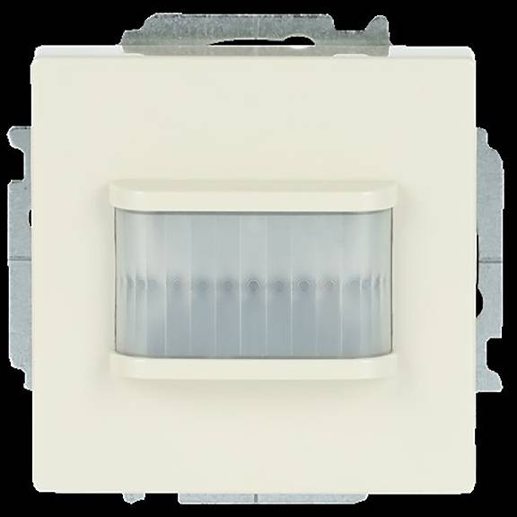 Ein quadratischer weißer Infrarot-Bewegungsmelder mit zentralem Objektiv, auf einem Metallrahmen montiert, wird zur Bewegungserkennung in Sicherheitssystemen verwendet.