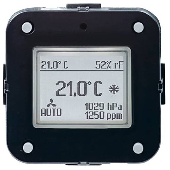 Digitales Bedienfeld zeigt eine Temperatur von 21,0°C, Luftfeuchtigkeit von 52% rF, Luftdruck von 1029 hPa und CO2-Wert von 1250 ppm an.