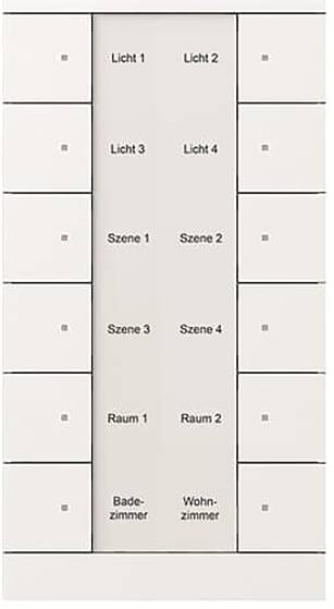 Ein Lichtschalter-Panel mit beschrifteten Tasten: 'Licht 1-4', 'Szene 1-4', 'Raum 1-2', 'Badezimmer', 'Wohnzimmer'. Wird zur Steuerung der Raumbeleuchtung verwendet.