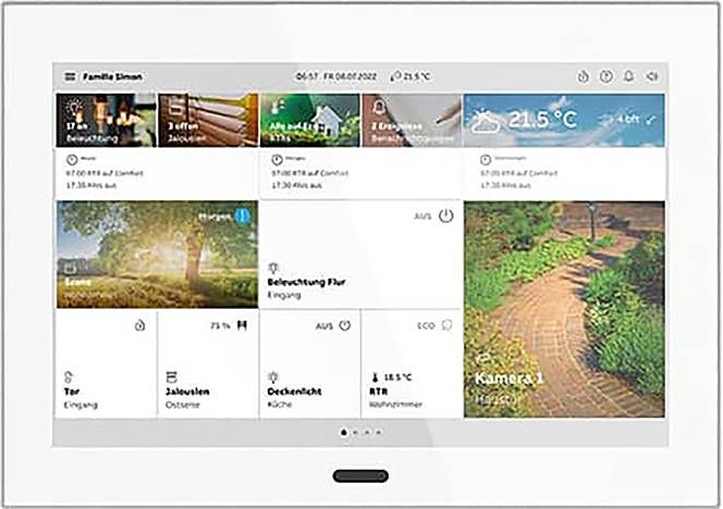 Intelligentes Bedienfeld für Zuhause mit Anzeige von Wetter, Beleuchtungsoptionen, Kameraansicht und Sicherheitseinstellungen. Hauptaufgaben umfassen das Umschalten von Lichtern und die Überprüfung der Außenbedingungen.