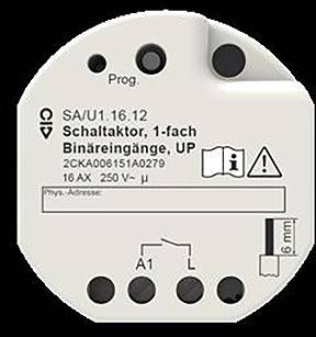 Kompaktes Gerät mit der Bezeichnung „Schaltaktor, 1-fach Binäreingänge, UP