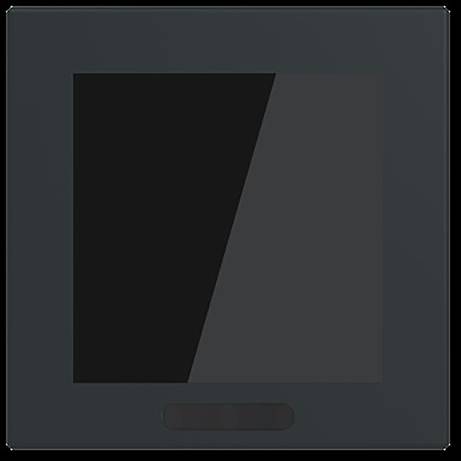 Ein dunkles Quadrat mit grauer Diagonalschraffur, das einem minimalistischen Design ähnelt.