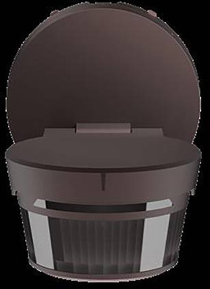 Ein braunes Außenwandlicht mit rundem Design, einschließlich eines Sensors an der Unterseite, geeignet zur Verbesserung der Sichtbarkeit bei Nacht und der Sicherheit.