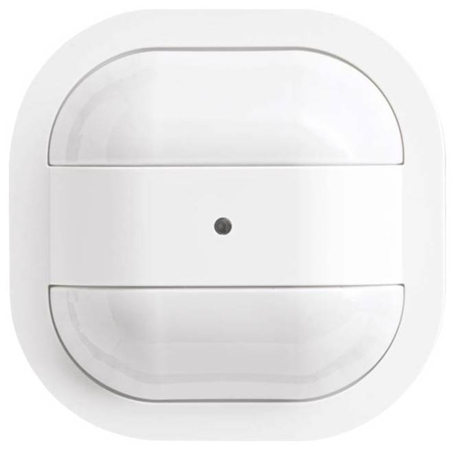 Ein weißer, kuppelförmiger an der Decke montierter Bewegungsmelder mit einem zentralen schwarzen Punkt.