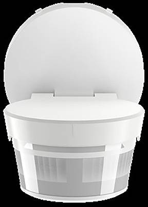 Ein rundes, weißes Sensorgerät mit einer kuppelförmigen Oberseite sitzt vor einem schwarzen Hintergrund, wahrscheinlich für Bewegungs- oder Umwelterkennung verwendet.