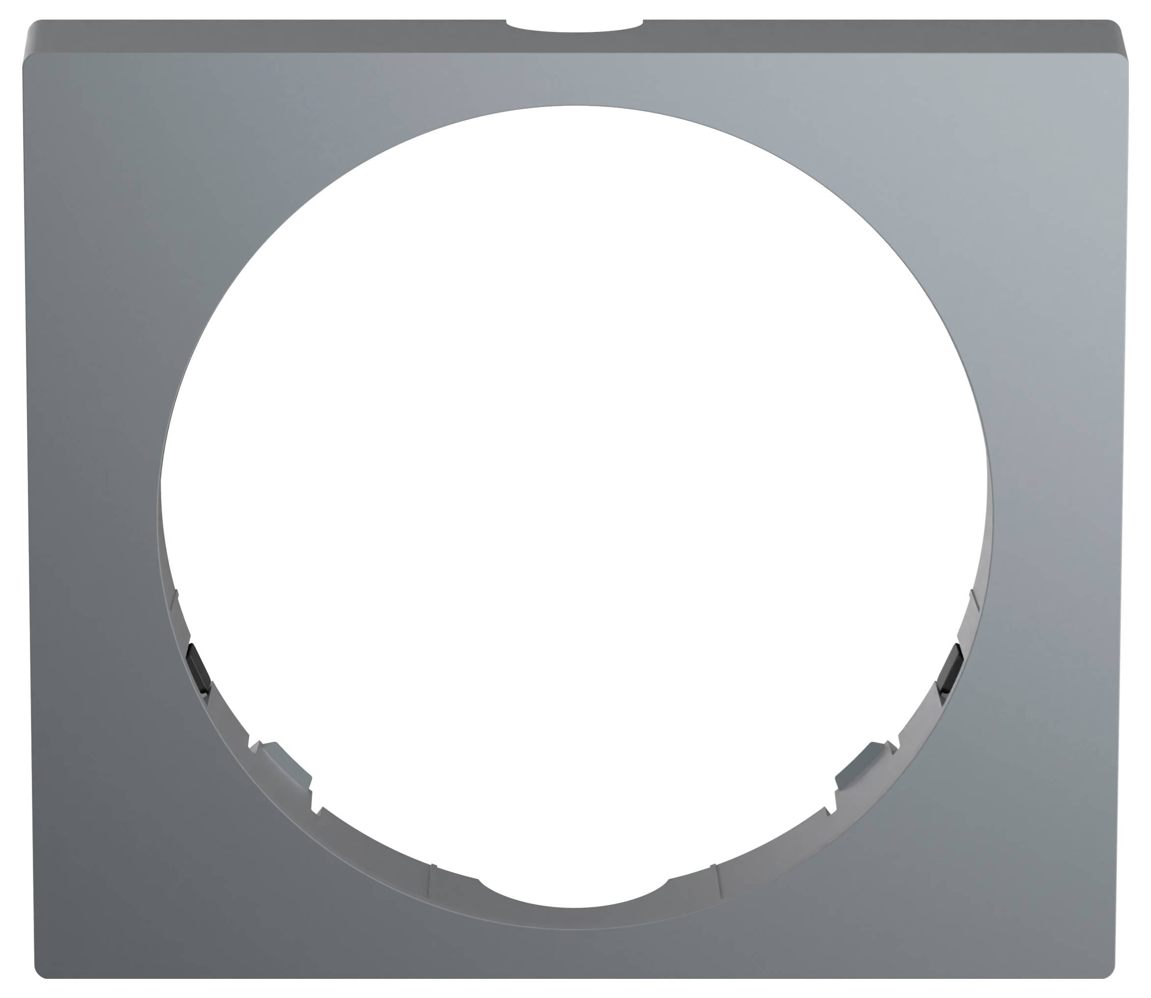 Ein metallischer, rechteckiger Rahmen mit einer großen kreisförmigen Aussparung in der Mitte, möglicherweise eine Befestigungshalterung oder Frontplatte.