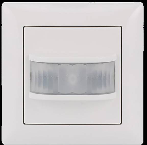 Ein weißer Bewegungsmelder-Schalter mit rechteckigem Rahmen, mit einem zentralen durchscheinenden Sensorfeld, das zur Bewegungserkennung zur Steuerung der Beleuchtung ausgelegt ist.