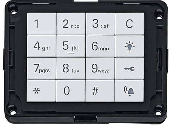 Ein Tastenfeld mit 12 Tasten, auf denen die Zahlen 0-9, eine Abbruchtaste und Symbole für Licht- und Klingelfunktionen angezeigt werden.