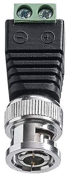 Ein BNC-Steckverbinder-Adapter mit schwarzem geripptem Griff und zwei grünen Schraubklemmen für Plus- und Minusverbindungen.