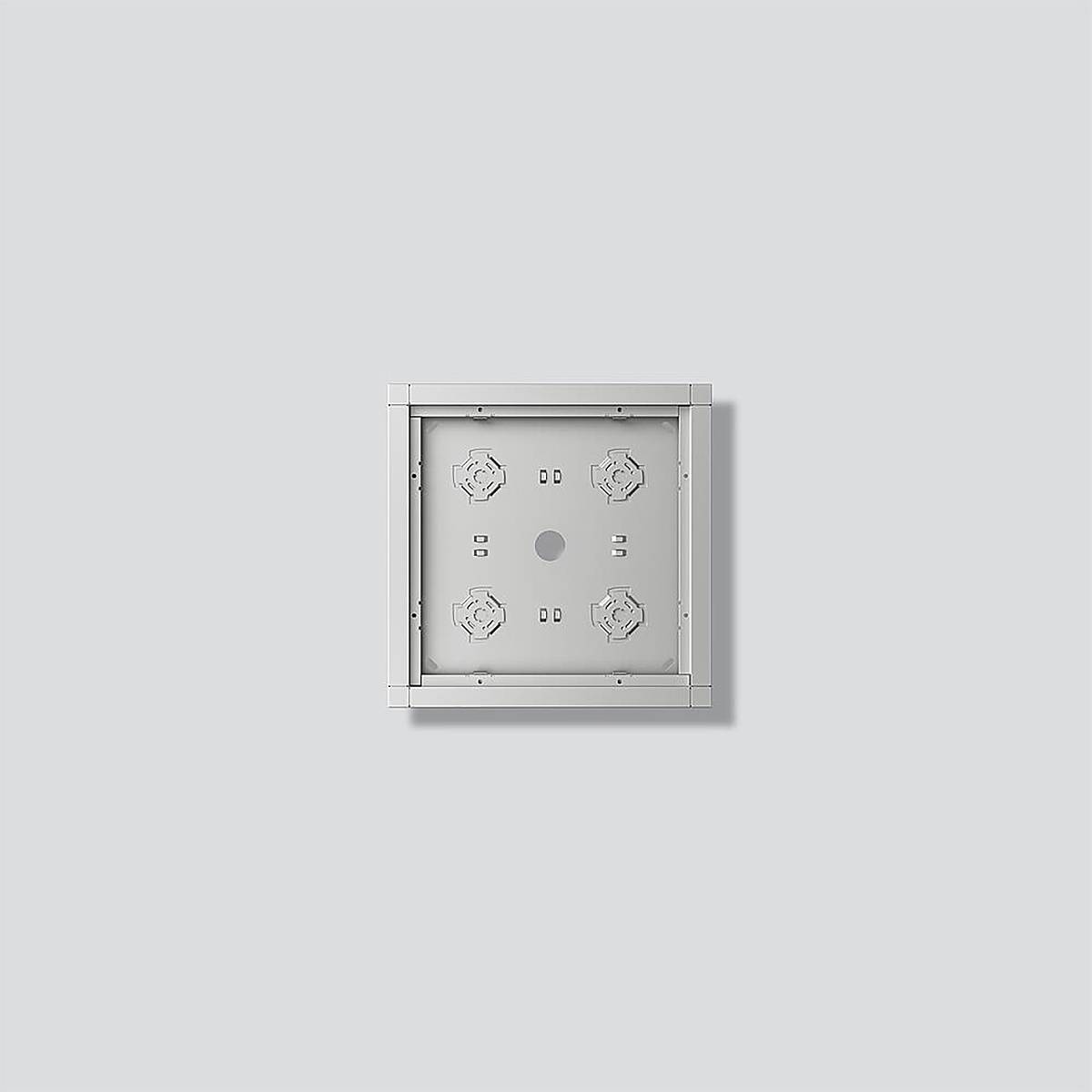 „Nahaufnahme einer quadratischen Kachel mit vier geometrischen Mustern, die symmetrisch um einen zentralen Punkt auf hellgrauem Hintergrund angeordnet sind.