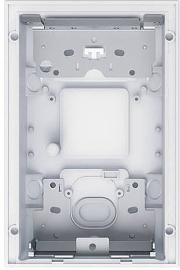 Wandmontierte Elektrobox mit mehreren Anschlussöffnungen und Montageklammern, entwickelt zum Unterbringen und Organisieren von Elektroverbindungen.