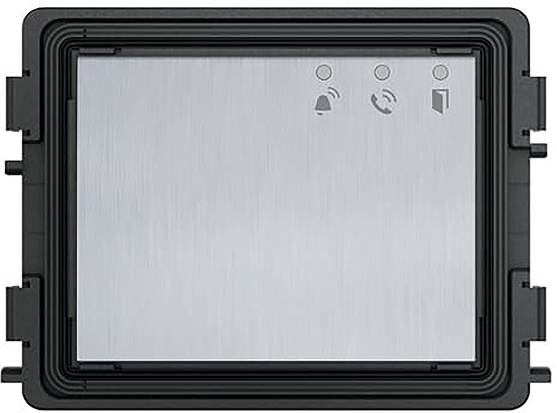 Ein rechteckiges Metallpanel mit drei Symbolen: einer Glocke, einem Telefon und einer Tür, die Funktionen für Benachrichtigungen, Anrufe und Zutritt anzeigen.