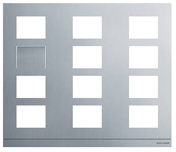 Ein Metallschalter-Paneelrahmen mit zehn rechteckigen Öffnungen, geeignet zur Aufnahme verschiedener Schalter oder Tasten, mit Branding unten rechts.