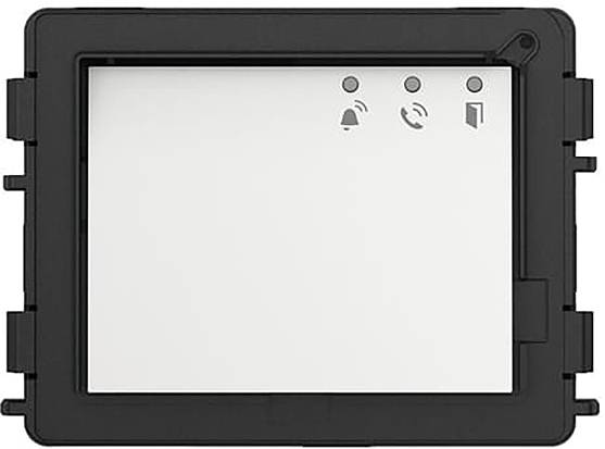 Ein schwarzer rechteckiger Gerätebildschirm mit Symbolen oben: eine Glocke, ein Telefon und eine Tür, die Benachrichtigungs-, Anruf- und Eingangsfunktionen anzeigen.