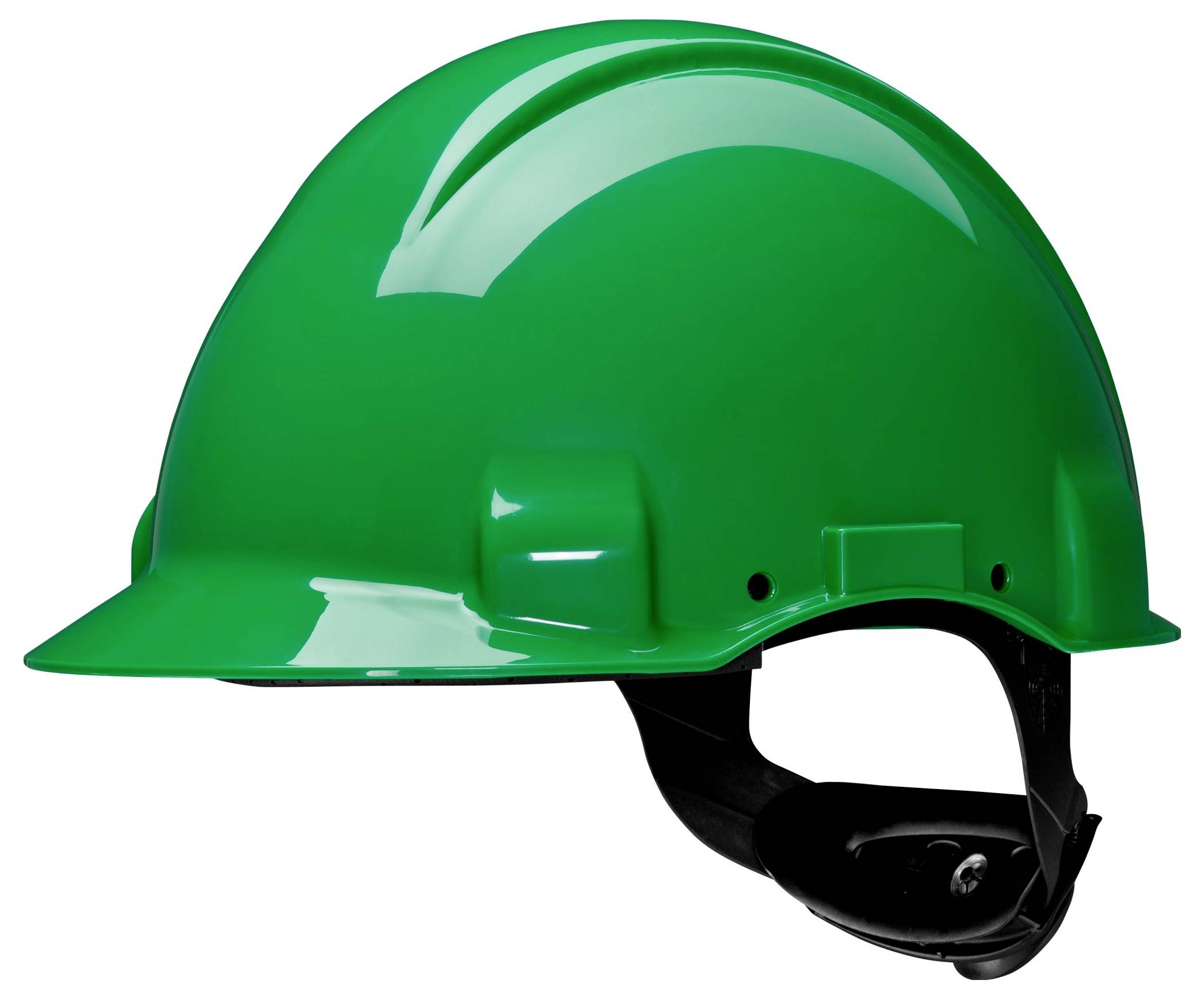 Ein grüner Schutzhelm mit einem schwarzen verstellbaren Riemen, der häufig zum Schutz in Bau- und Industrieumgebungen verwendet wird.