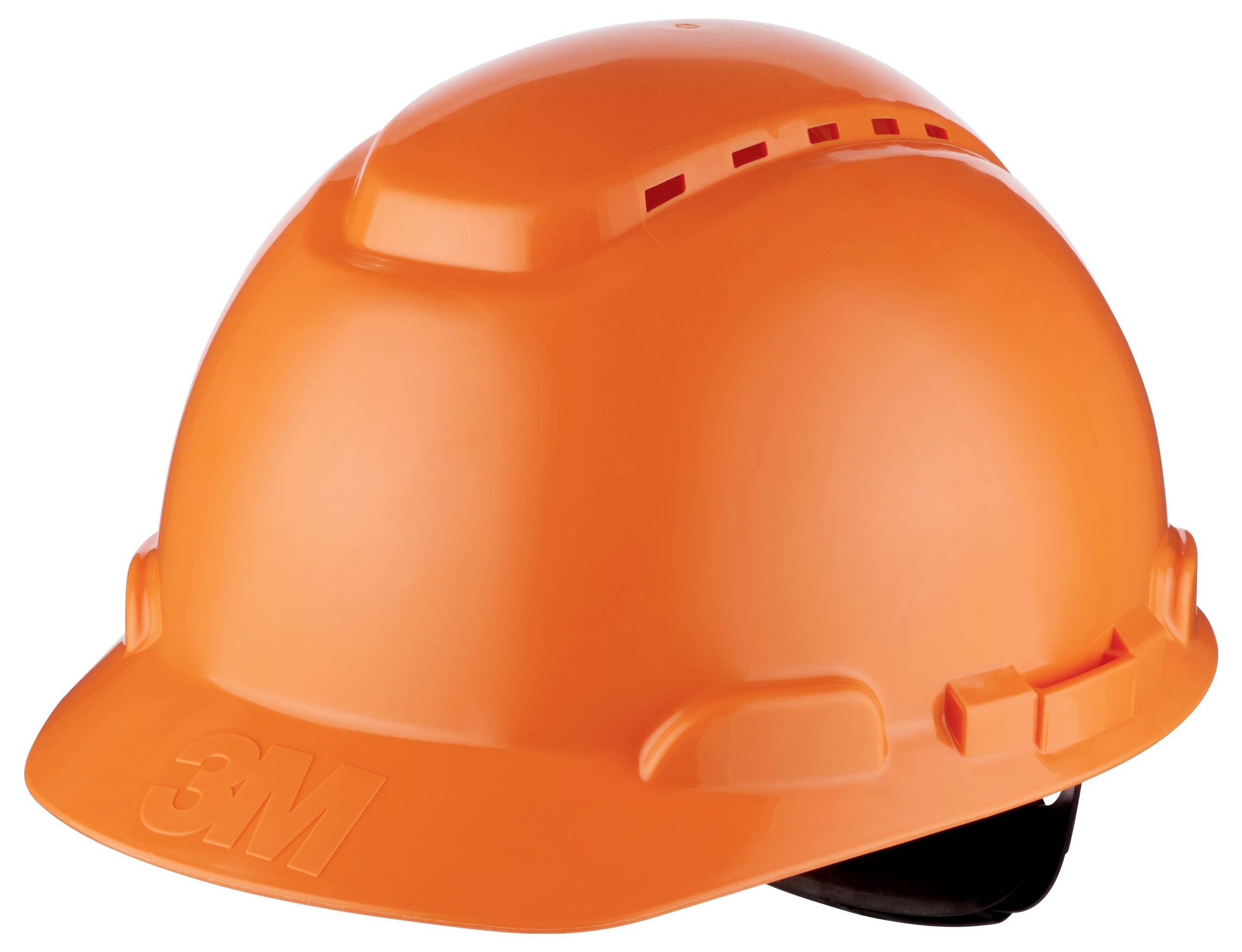 Orangener Sicherheitshelm mit Belüftungsschlitzen, 3M-Logo auf der Krempe geprägt, konzipiert zum Kopfschutz in Bau- oder Industrieumgebungen.