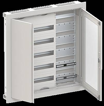 Ein offenes Elektroschrank mit mehreren leeren Steckplätzen für Leitungsschutzschalter, mit sichtbaren internen Metallstützen und einer transparenten Frontabdeckung.