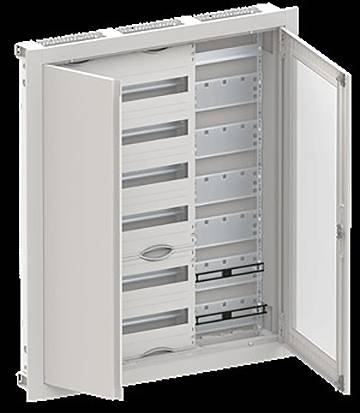 Ein offenes elektrisches Schaltfeld mit mehreren leeren Plätzen für Leistungsschalter, untergebracht in einem Metallgehäuse mit einer transparenten Frontür.