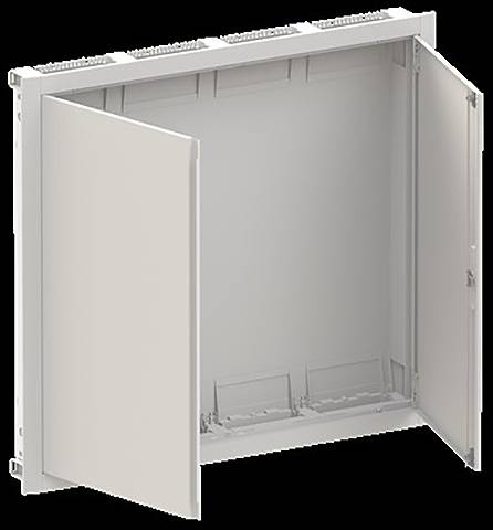 Ein offener weißer Metallschrank mit zwei Türen und leerem Innenraum, zur Verwendung in Daten- oder Elektroinstallationen montiert.