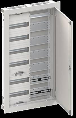 Ein offenes weißes Elektroverteilerpanel mit mehreren leeren Plätzen und einer Scharnirtür auf der rechten Seite, vorgesehen zur Unterbringung von Schaltungskomponenten.