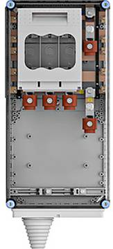 Ein Schaltschrank mit roten und grauen Komponenten und einer spiralförmigen Basis. Geeignet für Hochspannungsverbindungen und industrielle Anwendungen.
