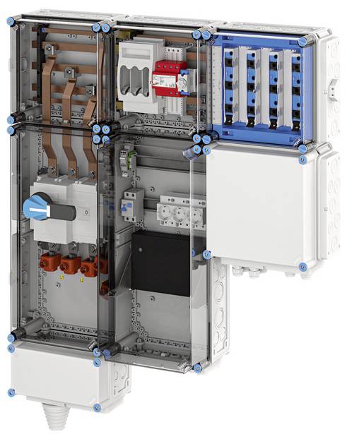 Ein Elektroverteilkasten mit mehreren Fächern, der Leitungsschutzschalter, Kupferschienen und Verdrahtungsverbindungen zeigt.