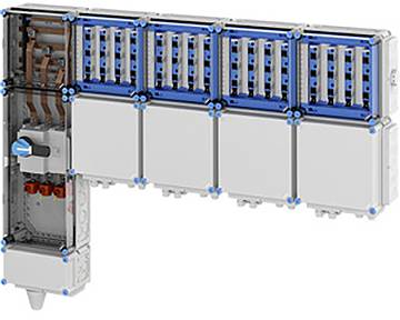 Modulares Industrie-Steuerpanel mit mehreren verbundenen Einheiten, mit einem Hebel und Verkabelung auf einer Seite.