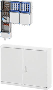 Ein offener Elektroschrank mit mehreren leeren Plätzen zur Montage von elektrischen Komponenten, wobei beide Türen vollständig geöffnet sind.