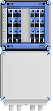 Ein blau und grau gefärbtes elektrisches Schaltschrank-Panel mit mehreren Schaltern, in einem Schutzgehäuse untergebracht. Geeignet für industrielle Anwendungen.