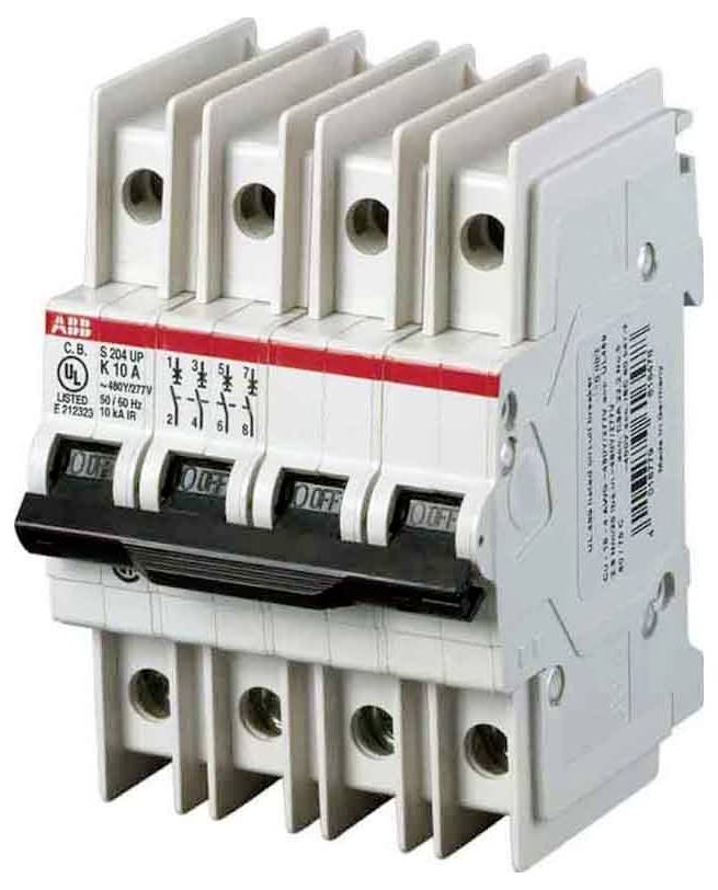 Leitungsschutzschalter mit Schalter in Ausschaltstellung, vierpoliger Aufbau, Bezeichnung S204 UP, 63 A, 240/415 V, von ABB, weißes Gehäuse.