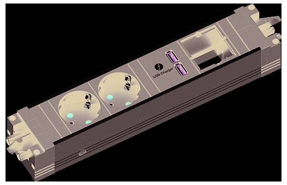 Vier übereinander angeordnete Lichtschalter mit Symbolen für Lichter und Jalousien, Teil einer elektrischen Steueranlage.