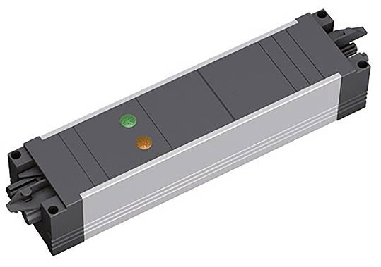 Eine lange, rechteckige graue Komponente mit zwei kreisförmigen Indikatoren, grün und orange, oben.