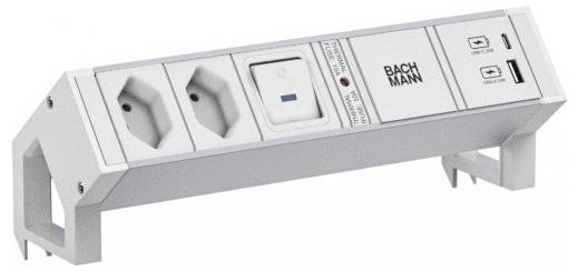 Das Bild zeigt eine Steckdosenleiste mit zwei Elektrosteckdosen, einem Ethernet-Anschluss, einem Schalter und zwei USB-Anschlüssen mit der Bezeichnung „Bachmann