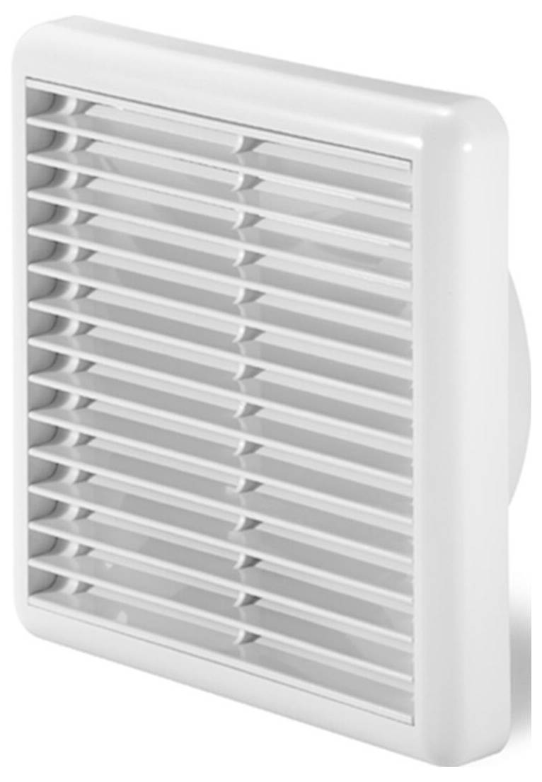Ein weißes quadratisches Luftgitter mit horizontalen Lamellen, leicht nach links geneigt, ist für die Belüftung oder Luftzirkulation in einem Raum ausgelegt.