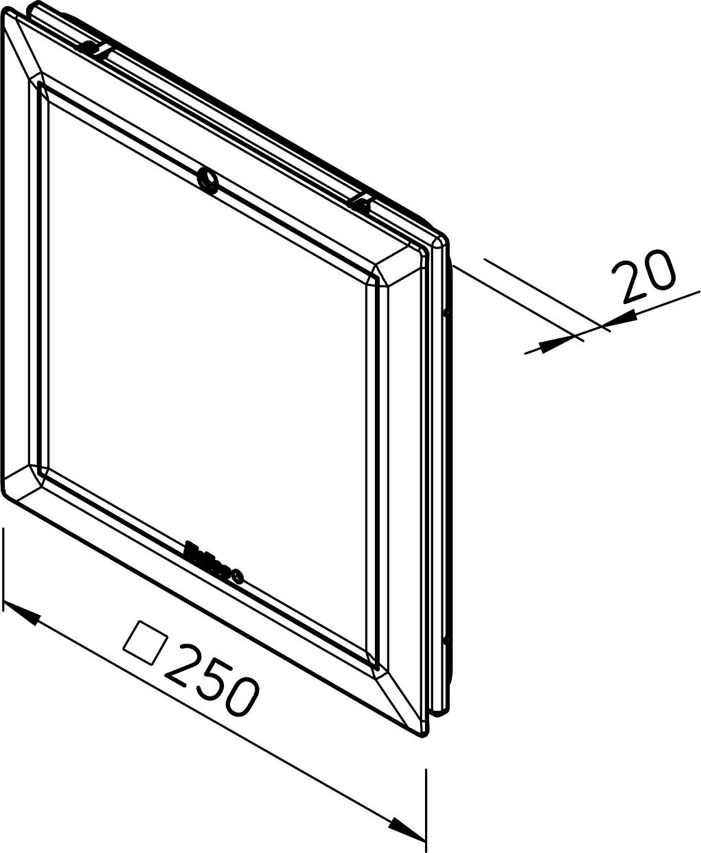 Technische Zeichnung eines rechteckigen Rahmenpanels/Fensters, dargestellt in perspektivischer Ansicht mit den Abmessungen 250 breit und 20 tief.