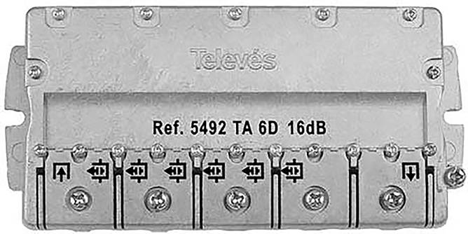 Ein Metall-Fernsehsignalverteiler mit 8 Anschlüssen, beschriftet mit 'Televés' und 'Ref. 5492 TA 6D 16dB', verwendet für die Kabelverteilung.