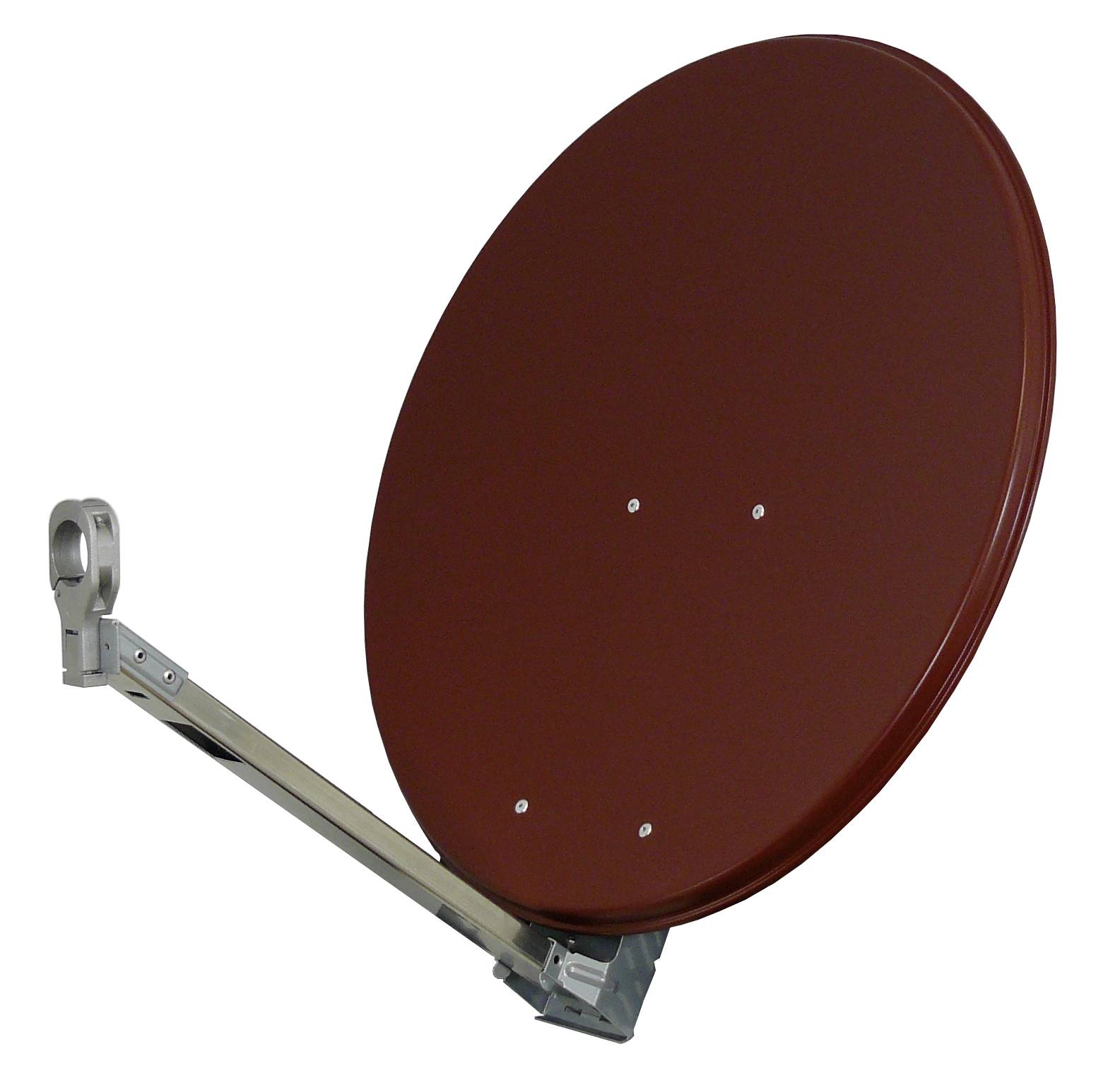 Eine rote Satellitenschüssel, die auf einer Metallhalterung montiert ist, nach oben ausgerichtet und dient zum Empfang von Fernseh- oder Internetsignalen.