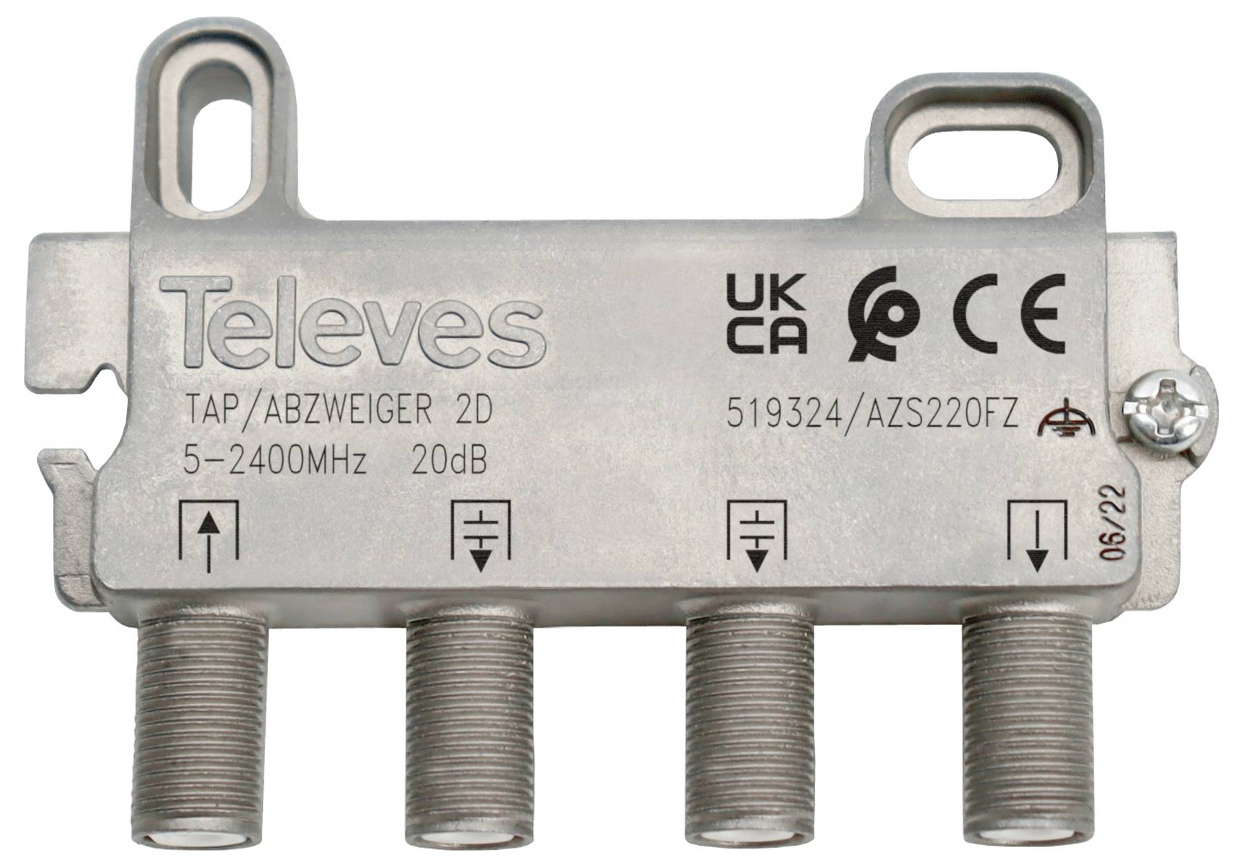 Ein silberner koaxialer Splitter der Marke 'Televes', Modell 'TAP/ABZWEIGER 2D 5-2400MHz 20dB', mit den Zertifizierungen 'UKCA' und 'CE'.